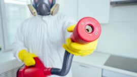 pest control worker standing with sprayer in kitchen